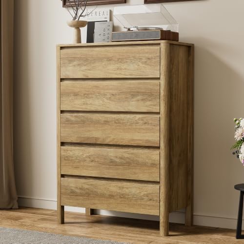 Furniway 45" Tall 5 Drawer Wood Dresser for Bedroom with Legs, Natural Oak