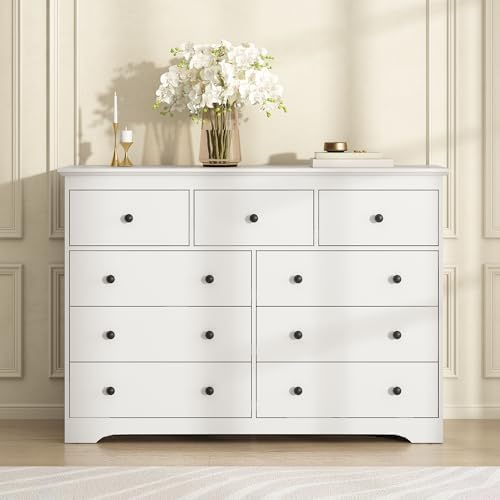55 Inch Wide White Dresser for Bedroom, 9 Drawer Dresser with Large Drawers, Wood Chest for Living Room, Hallway