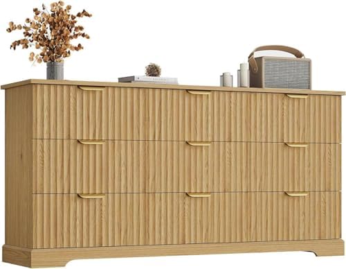 Wooden 9 Drawer Dresser for Bedroom, Fluted Dresser with Storage and Metal Handle, Modern Chest of Drawers for Living Room, Entryway, Natural Oak