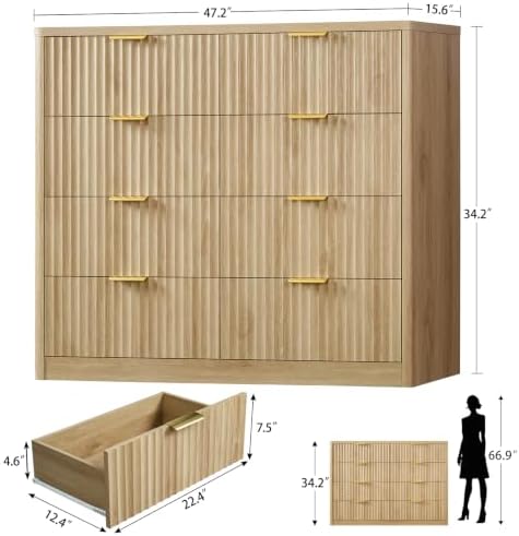 TEENOFN Fluted Dresser for Bedroom with 8 Drawers, 47.2" Wide Modern Chest of Drawers with Metal Handle, Dresser TV Stand, Wood Closet Clothes Storage Organizer for Living Room, Hallway, Natural
