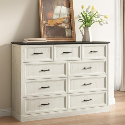 Farmhouse 9 Drawer Dresser for Bedroom, 55" White Dresser with TV Stand