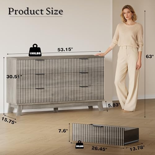 BORNOON 53" Long Dresser for Bedroom, 6-Drawer Dresser with Fluted Fronts, Wide Wood Chest of Drawers, Smooth Metal Slides, Stable Base, Modern Clothes Storage Cabinet for Living Room, Hallway