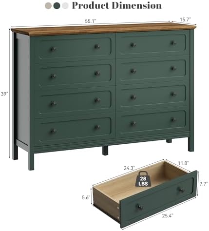 CARPETNAL 55" Green Dresser for Bedroom with 8 Drawer & Deep Drawers
