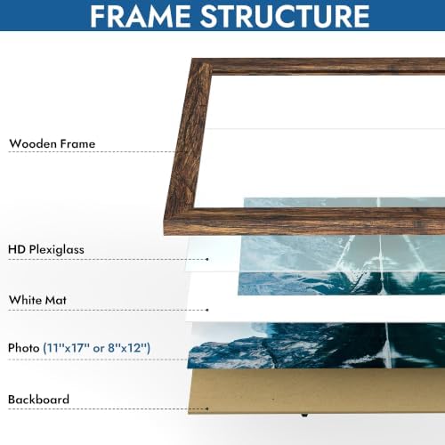Hongkee 11x17 Picture Frame Set of 4, 11 x 17 Rustic Brown Wood(Mat 8x12)