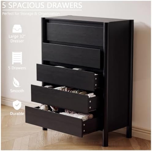 HOUROM Black Dresser for Bedroom,45" Tall 5 Drawer Mid Century Modern Chest