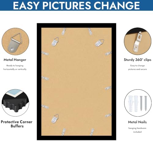Hongkee 11x17 Picture Frame Set of 4, 11 x 17 Black Wood Style(Mat 8x12)