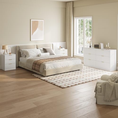 6 Drawer Dresser & 3-Drawer Nightstand Set 3-Piece, White丨Long Dresser and Night Stand Set of 2 with Metal Handle, Fluted Modern Wood Chest of Drawers Storage Dressers Set for Bedroom
