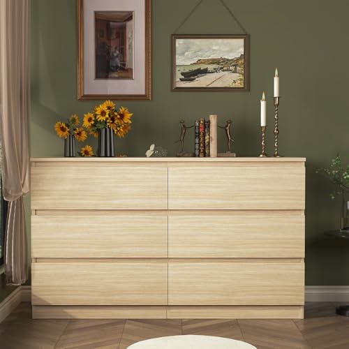 Vibe & Dine 6 Drawer Double Dresser, Modern Chest of Drawers with Wide Storage for Closet, Bedroom, Living Room, Natural Wood