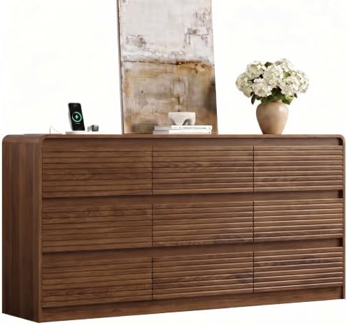 Gyfimoie Walnut Fluted 9-Drawer Dresser for Bedroom w/Power Outlet