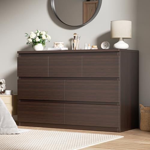 Jocoevol Modern Brown 7 Drawer Dresser for Bedroom, Simply Chest of Drawers, Wood Storage Dresser with Deep Drawers for Living Room Hallway Entryway, Brown