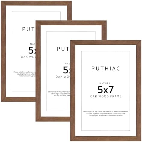 puthiac 5x7 Solid Oak Wood Picture Frames, Walnut, 3 Pack