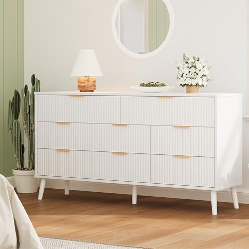 Fluted Dresser for Bedroom with 8 Drawers, Wooden Dresser with Metal Handle, White Dresser for Bedroom, Wood Closet for Hallway, Modern Storage Organizer for Living Room BDR104WW