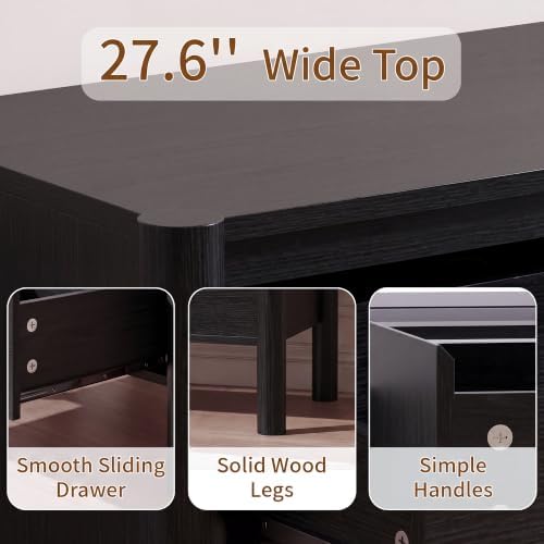 CHUWELL 27.6" Wide Black 3 Drawer Dresser for Bedroom with Solid Wood Legs