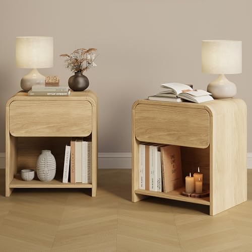 Modern Curved Nightstands Set of 2 with Open Shelf,Natural Oak