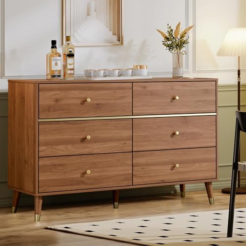 Chrangmay 6 Drawer Dresser,47" Wide Mid Century Chest of Drawers,Wooden Bedroom Drawer Dresser with 6 Storage Drawers for Bedroom,Living Room,with Anti-Tipping Device,Walnut.HT