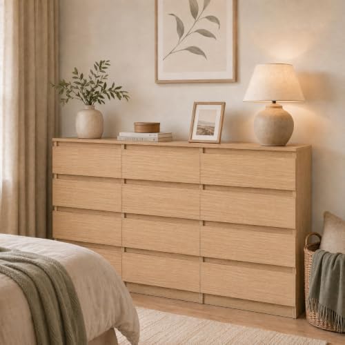 12 Drawer Dresser for Bedroom,Modern Deep Drawer Dresser with No-Handle Design,Storage Wood Chest of Drawer,Storage Organizer Furniture for Closet,Hallway
