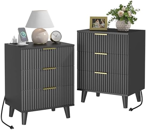 3 Drawers Nightstands Set of 2 w/Charging Station, Modern Fluted Dresser