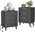 3 Drawers Nightstands Set of 2 w/Charging Station, Modern Fluted Dresser