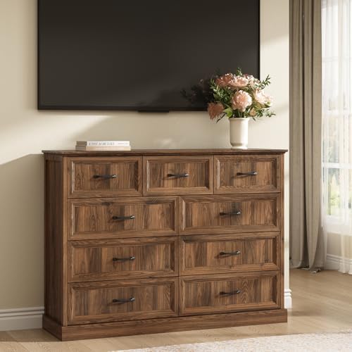 Farmhouse 9 Drawer Dresser for Bedroom, 55" Walnut Dresser with TV Stand