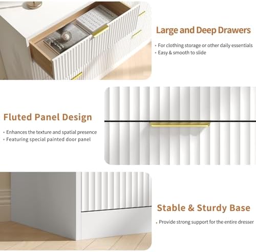 White Dresser with 8 Drawer 55" Wide Fluted Dresser for Bedroom丨Double Drawer Dresser Modern Chest of Drawers with Gold Handle, Wood TV Stand for Bedroom, Living Room, Entryway, White