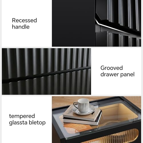 Modern Nightstand with Charging Station,Fluted 3 Drawers Bedside,Black