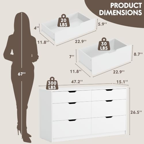 YESHOMY Dresser for Bedroom, 47.2" Modern Wood Chest with 6 Drawers, White