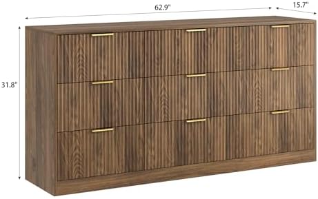 9 Drawer Fluted Dresser for Bedroom with Deep Drawers, Walnut丨63 Wide Wood Dresser, Large Chest of Drawers, Modern Long TV Stand, Storage Cabinet Side Table for Living Room, Hallway