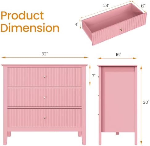 RoyalCraft 32" Large Nightstand Set of 2, Fluted Painted Wood Dresser with 3 Spacious Drawers, Modern Bedside Table for Bedroom, Living Room, Pink