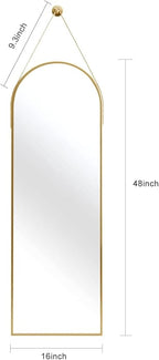 16"x48" Hanging Mirror with Leather Strap,Arched Full Length Mirror with Aluminum Frame Wall-Mounted Hanging Mirrors for Bathroom Vanity Living Room Bedroom Entryway Décor, Gold