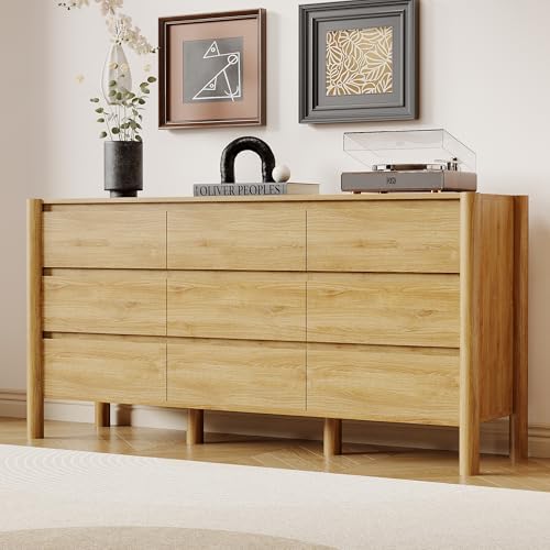 HOUROM Oak Dresser for Bedroom,63" Wide 9 Drawer Mid Century Modern Chest
