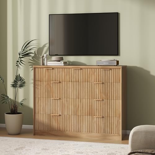 LYNCOHOME Fluted Tall Dresser for Bedroom, 9 Drawer Chest of Drawers, Oak
