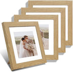 Hongkee 8x8 Picture Frames Set of 4, Made of Glass and Natural Oak Wooden Frame - Display Picture 6x6 with Mat or 8 x 8 Without Mat, 8 by 8 Photo for Wall or Tabletop
