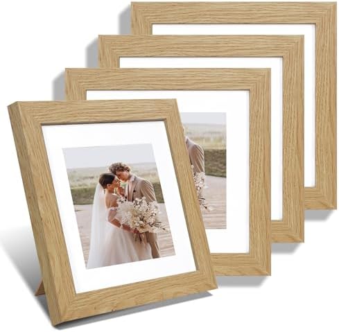 Hongkee 8x8 Picture Frames Set of 4, Made of Glass and Natural Oak Wooden Frame - Display Picture 6x6 with Mat or 8 x 8 Without Mat, 8 by 8 Photo for Wall or Tabletop