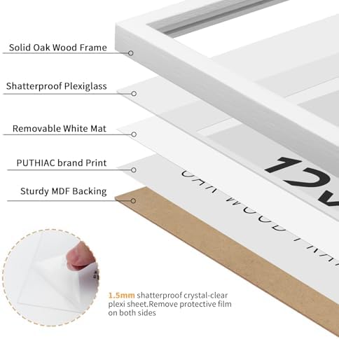 puthiac 12x12 Solid Oak Wood Picture Frames, White, 3 Pack