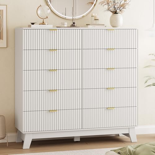 Xixini Fluted Dresser for Bedroom with 10 Drawers, 48" Wide Modern Chest of Drawers with Metal Handle, Wooden Dresser TV Stand, Wood Closet Clothes Storage Organizer for Living Room, Hallway, White