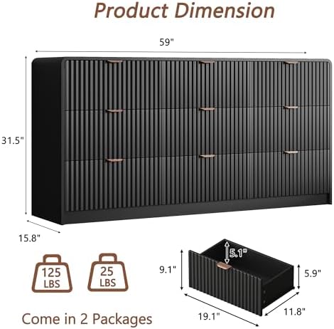 HOUROM Black Fluted Dresser for Bedroom,9 Drawer Chest,59in Wood Cabinet