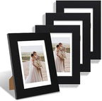 Hongkee 4x6 Picture Frame Set of 4, Made of Real Glass and Black Wooden Frame, 4 by 6 Photo for Wall or Tabletop - Display Picture 3.5x5 with Mat or 4x6 Without Mat