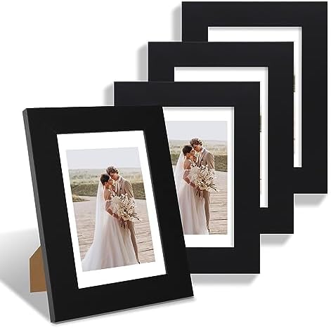 Hongkee 4x6 Picture Frame Set of 4, Made of Real Glass and Black Wooden Frame, 4 by 6 Photo for Wall or Tabletop - Display Picture 3.5x5 with Mat or 4x6 Without Mat