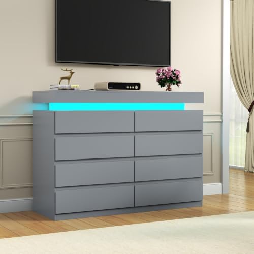 Gyfimoie 8 Drawer Dresser with Power Outlet, Modern Dresser with LED Light