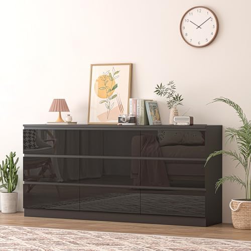 70 INCH 9 Drawers Dresser with Charging Station, Modern Large Dresser with 9 Handle Free Drawers, Wood Storage Chest of Drawers for Bedroom, Living Room, Entryway, Hallway, Black