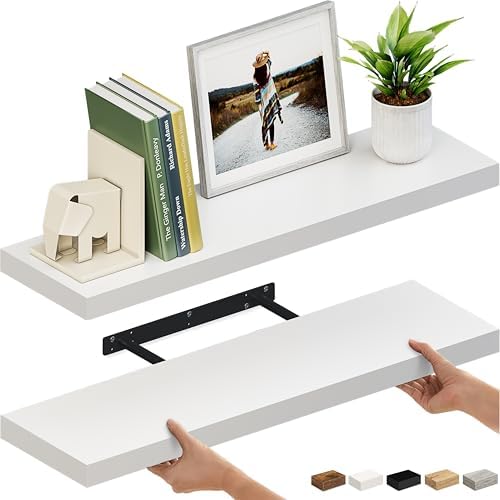 Ballucci Floating Shelves for Wall, 36" Wood Wall Shelf Set of 2, with Invisible Brackets for Bathroom, Living Room, Bedroom, Kitchen, Nursery, 8" Deep, White