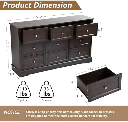 LOUVIXA Farmhouse Dresser 9 Drawer, Bedroom Chest of Drawers, Dressers with 9 Drawers, Wooden Dressers for Bedroom, Living Room, Tv Stand, Entryway(Vintage Brown)
