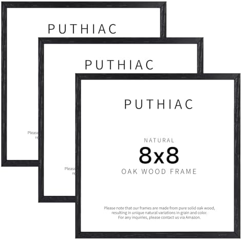 puthiac 8x8 Solid Oak Wood Picture Frames, Black, 3 Pack