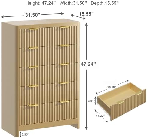 Fluted 47" Tall Dresser for Bedroom with 5 Drawers, Modern Chest of Drawers with Metal Handle & Deep Storage, Wood Closet Clothes Storage Organizer for Living Room & Hallway, Natural Oak Dresser