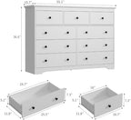 55 Inch Wide White Dresser for Bedroom, 9 Drawer Dresser with Large Drawers, Wood Chest for Living Room, Hallway