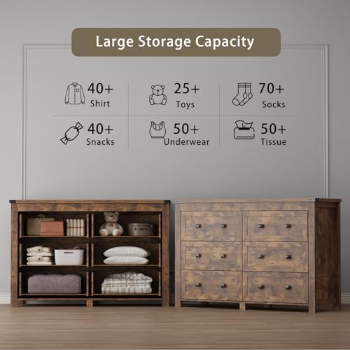 Wodeer 6 Drawer Dresser for Bedroom, Brown Modern Dressers & Chests of Drawers with Metal Handles, Closet Storage Dresser, Storage Cabinet and Organizer with Drawers