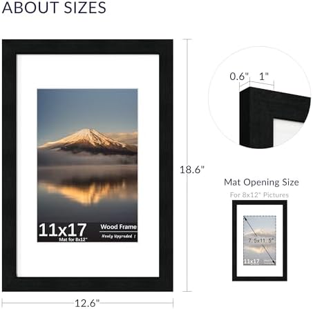 11x17 Poster Frame, Black Wood Frame with 8x12 Mat, 3 Pack