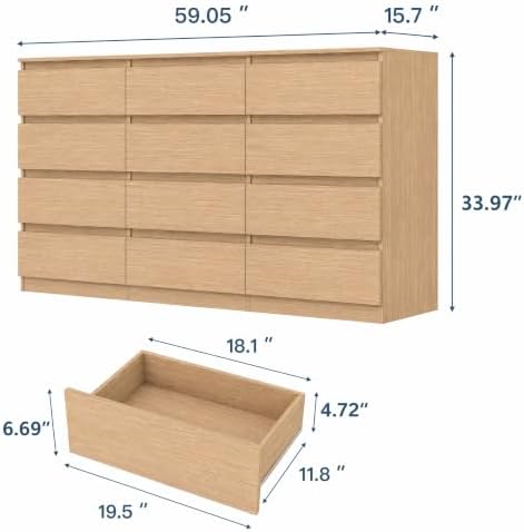 12 Drawer Dresser for Bedroom,Modern Deep Drawer Dresser with No-Handle Design,Storage Wood Chest of Drawer,Storage Organizer Furniture for Closet,Hallway