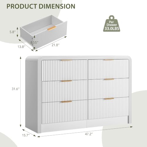 Decofy Fluted 6 Drawers Dresser, 47.2'' Wide Chest of Drawers for Bedroom