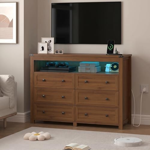 Wodeer Dresser 6 Drawer Dressers for Bedroom with LED Lights, Charging Station, Wood Chest of Drawers with Metal Handles, Modern TV Stand Storage Cabinet for Living Room, Hallway, Entryway, Walnut